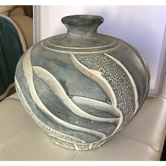 Pier 1 Blue Gray Ceramic Vase White Swirls Hand Crafted Pottery Large 8” Heavy - Picture 2 of 9